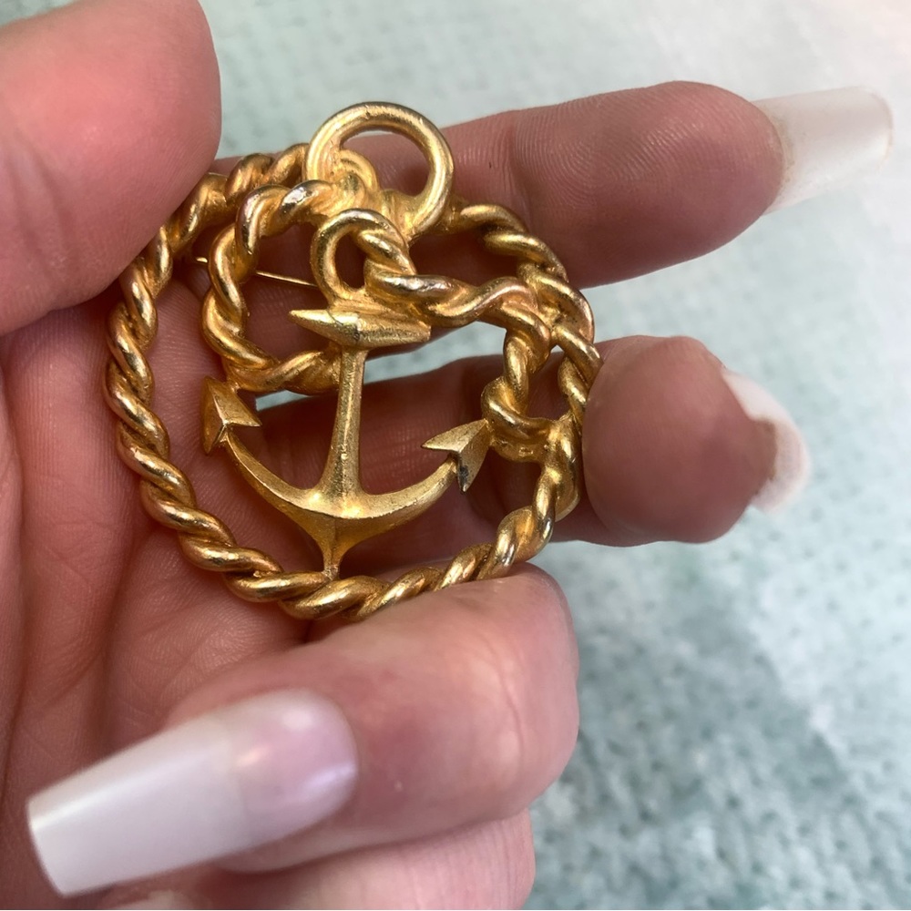 Classic Mid Century Nautical Pin Vintage Signed M Jent Gold Tone Anchor & Rope
